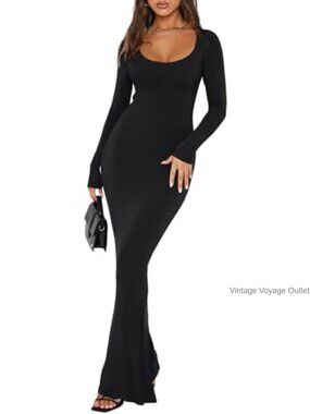 Ribbed Square Neck Long Sleeve Bodycon Maxi Dress Fall Casual